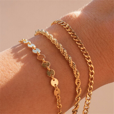 Right Grand New Fashion Trendy Stack Bracelets Sets 14K Gold Plated Multi Layer Stainless Steel Women Cuban Bracelet