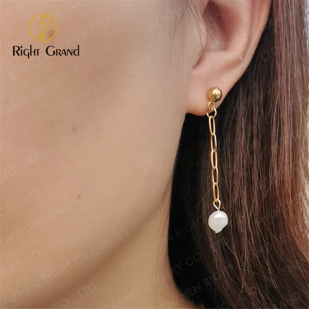 Right Grand Trendy Fashion Women Jewelry Stainless Steel Paper Clip Chain Dangle Fresh Water Pearl Drop Earrings