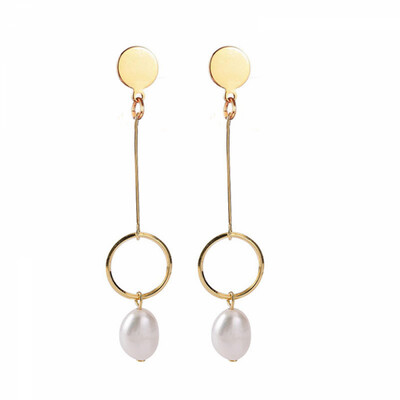Right Grand Wholesale Women Jewelry Statement Geometric Circle Long Stainless Steel Large Fresh Water Pearl Drop Earring