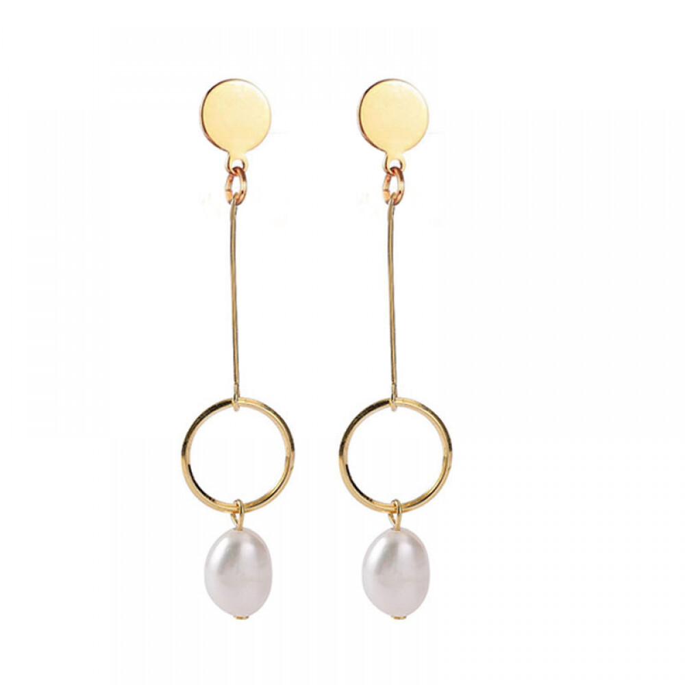 Right Grand Wholesale Women Jewelry Statement Geometric Circle Long Stainless Steel Large Fresh Water Pearl Drop Earring, color: Gold, size: Earring