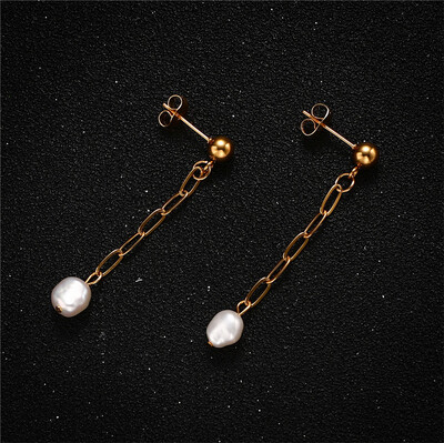 Right Grand Trendy Fashion Women Jewelry Stainless Steel Paper Clip Chain Dangle Fresh Water Pearl Drop Earrings