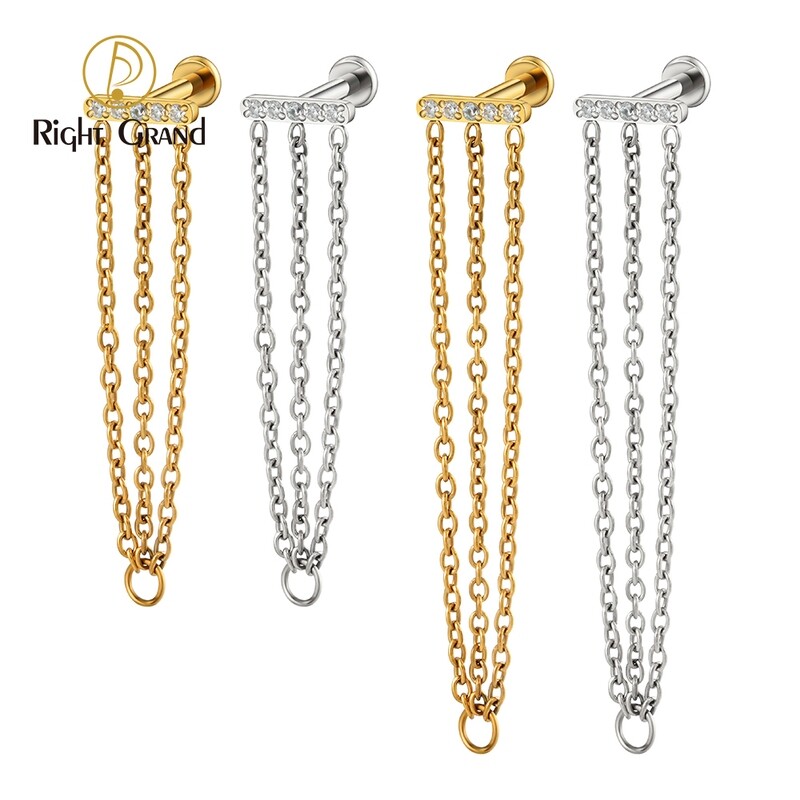 Right Grand ASTM F136 Titanium 16G Threadless Push Pin Triple  Chains Tassel T Shaped Conch Helix Cartilage Stud Earring (Chain only can anodize from 12V-65V)