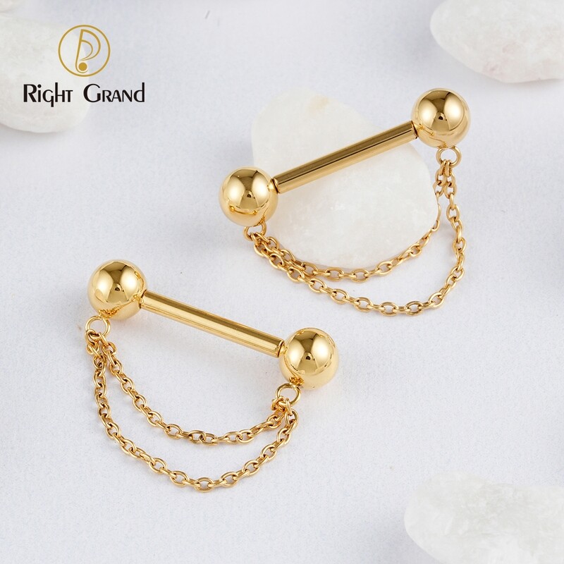 Right Grand ASTM F136 Titanium Threadless Push Pin Nipple Shield Ring with Double Chain Dangle 14G Barbell Piercing Jewelry (chain only can anodize from 12V-65V)