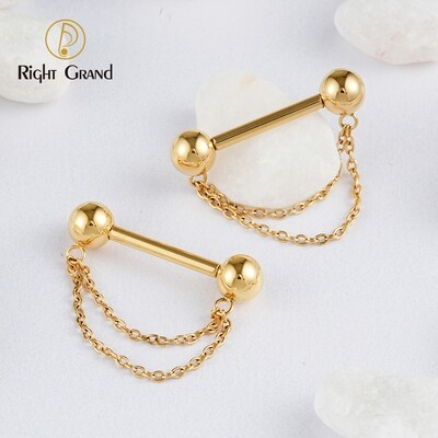 Right Grand ASTM F136 Titanium Threadless Push Pin Nipple Shield Ring with Double Chain Dangle 14G Barbell Piercing Jewelry (chain only can anodize from 12V-65V)