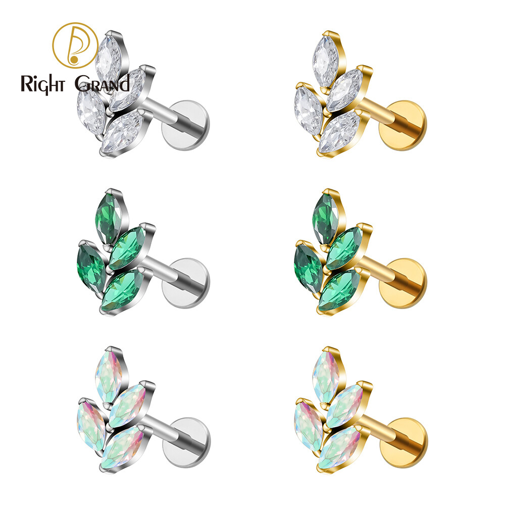 Right Grand ASTM F136 Titanium 16G Internal Thread Marquise CZ Leaf Shaped Cartilage Helix Conch Lobe Ear Piercing Flat Back Earring