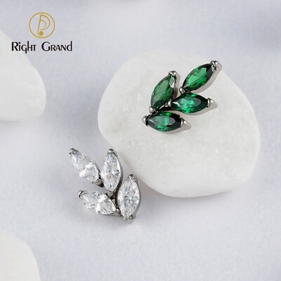 Right Grand ASTM F136 Titanium 16G Internal Thread Marquise CZ Leaf Shaped Cartilage Helix Conch Lobe Ear Piercing Flat Back Earring