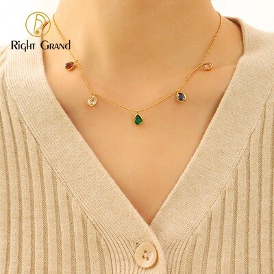 Right Grand Tarnish Free Shinny Dainty Cz Teardrop Pendant Woman Diamonds Gold Plated Colorful Zircon Stone Necklace