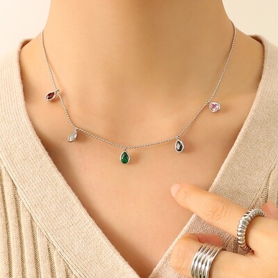 Right Grand Tarnish Free Shinny Dainty Cz Teardrop Pendant Woman Diamonds Gold Plated Colorful Zircon Stone Necklace