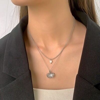 Right Grand Bohemian Stainless Steel 14K Gold Plated Star Pendant Double Layered Boho Pearl Shell Necklace For Women
