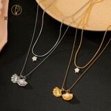 Right Grand Bohemian Stainless Steel 14K Gold Plated Star Pendant Double Layered Boho Pearl Shell Necklace For Women