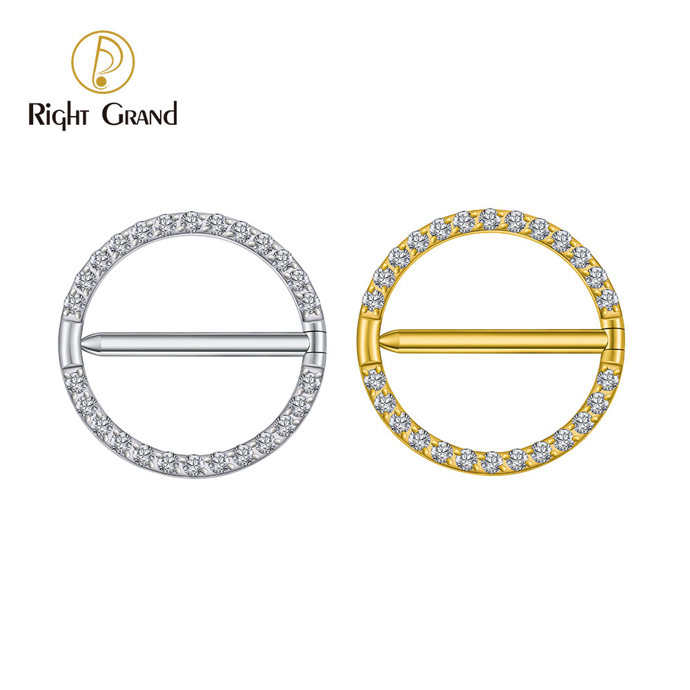 Right Grand ASTM F136 Titanium 14G Circular CZ Clicker Nipple Shield Jewelry Round Nipple Ring Barbell Piercing for Women Girls
