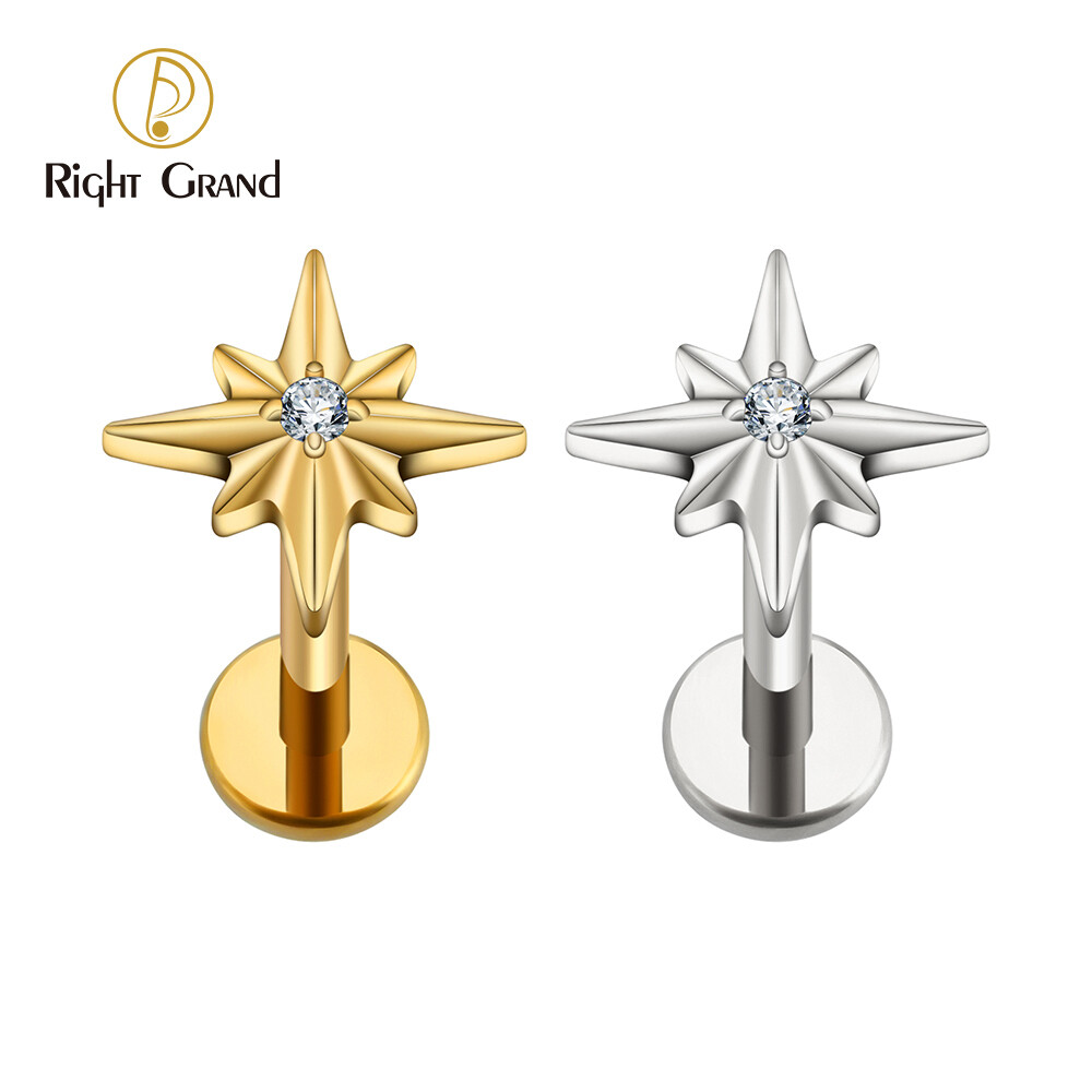Right Grand ASTM F136 Titanium 16G Internal Thread Sparkling CZ North Star Stud Earring Labret Cartilage Tragus Helix Conch Lobe Piercing