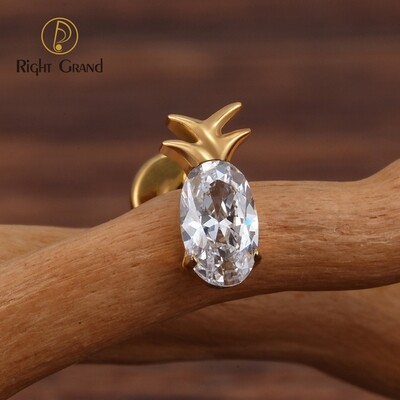 Right Grand ASTM F136 Titanium 16G Internal Thread Fruit Pineapple Stud Earring with Oval CZ Labret Cartilage Tragus Helix Conch Lobe Piercing