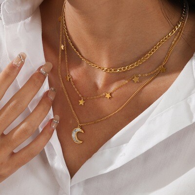 Right Grand Non Tarnish Women Fashion Jewelry Gold Plated Multi Layered Stainless Steel Moon And Stars Necklace