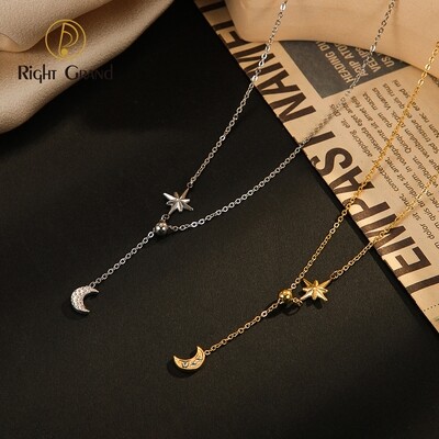 Right Grand Women Fashion Waterproof Jewelry 14K Gold Plated Long Stainless Steel Moon And Stars Necklace