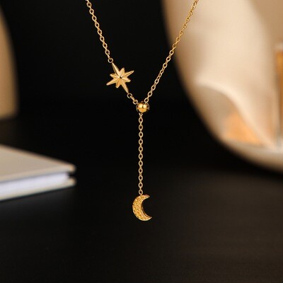 Right Grand Women Fashion Waterproof Jewelry 14K Gold Plated Long Stainless Steel Moon And Stars Necklace