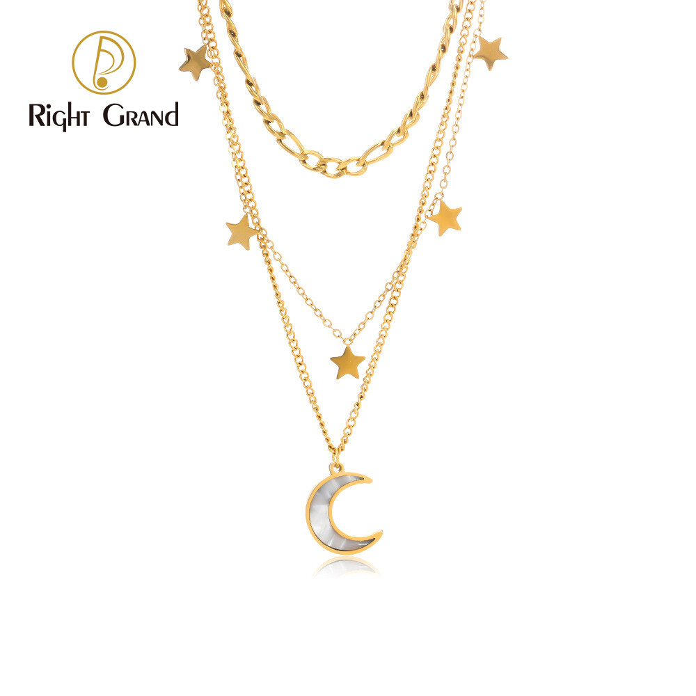 Right Grand Non Tarnish Women Fashion Jewelry Gold Plated Multi Layered Stainless Steel Moon And Stars Necklace