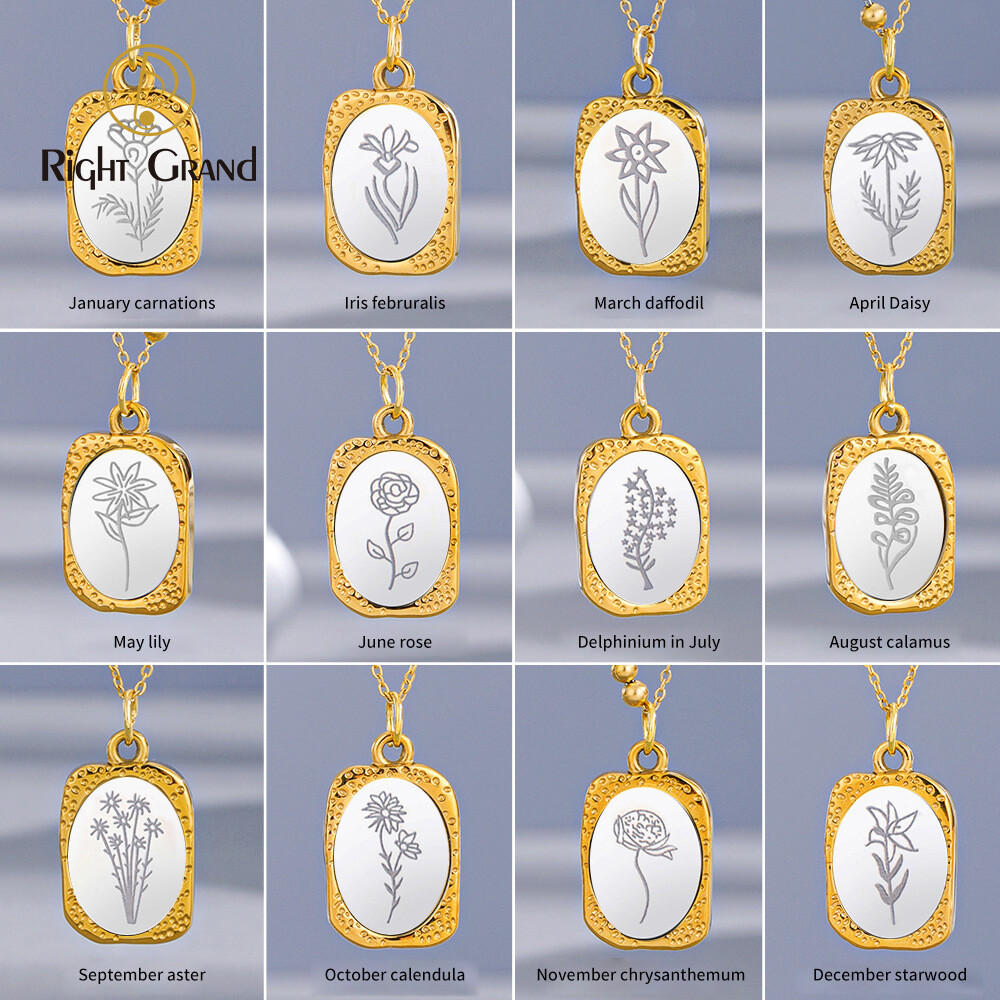 Right Grand 2023 Trendy Gold Plated Stainless Steel Square Magic Mirror Birthflower Pendant Birth Month Flower Necklace