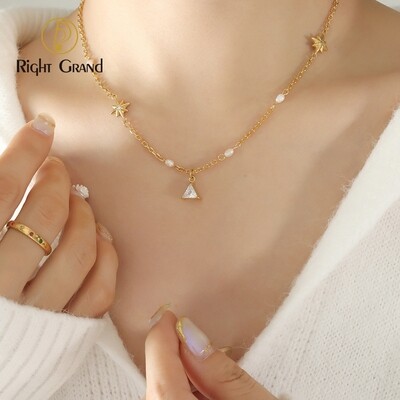 Right Grand 2023 Delicate Trendy Jewelry Women Stainless Steel Gold Triangle Zircon Fresh Water Pearl Star Pendant Necklace