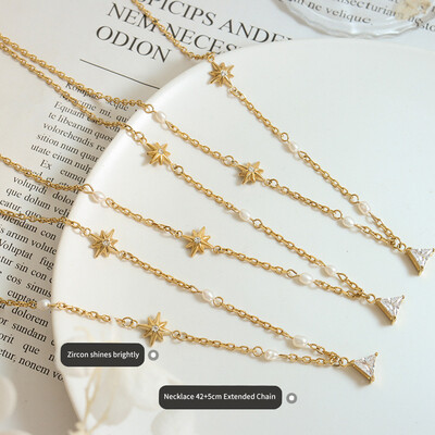 Right Grand 2023 Delicate Trendy Jewelry Women Stainless Steel Gold Triangle Zircon Fresh Water Pearl Star Pendant Necklace