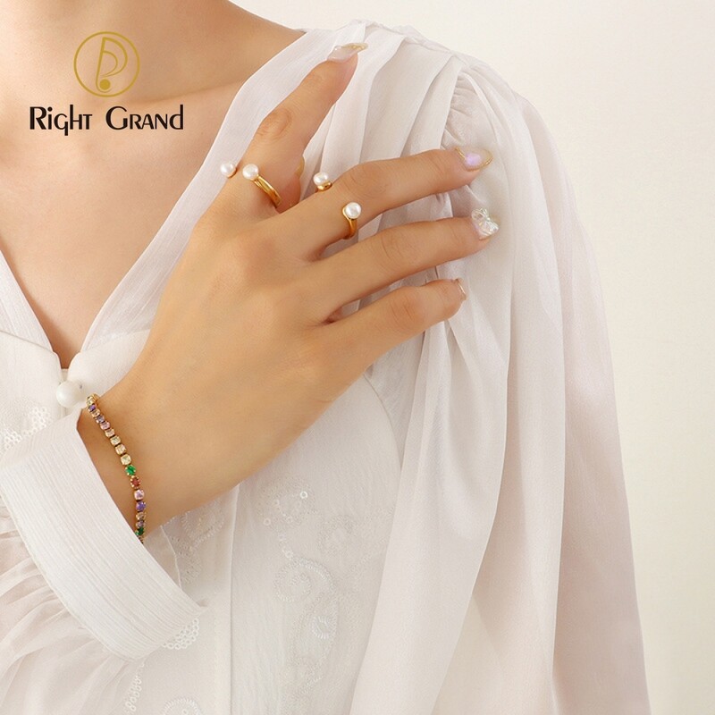 Right Grand 2023 New Trendy Stainless Steel Gold Plated Open Fresh Water Baroque Pearl Rings Jewelry Women