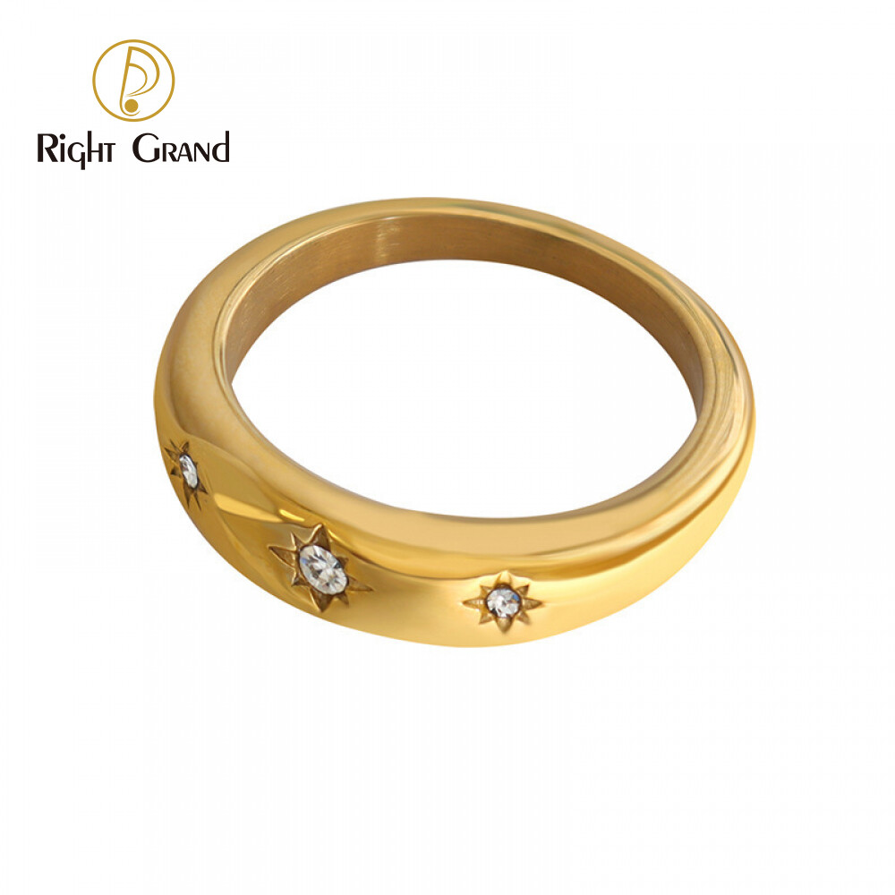 Right Grand Ladies Jewelry Trendy Tarnish Free Gold Plated Sun Cubic Zirconia Stainless Steel Ring Women