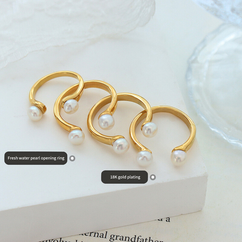 Right Grand 2023 New Trendy Stainless Steel Gold Plated Open Fresh Water Baroque Pearl Rings Jewelry Women