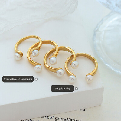 Right Grand 2023 New Trendy Stainless Steel Gold Plated Open Fresh Water Baroque Pearl Rings Jewelry Women