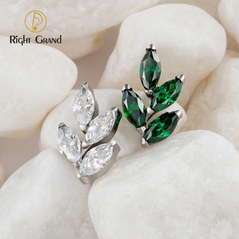 Right Grand ASTM F136 Titanium 16G  Internal Thread Marquise CZ Leaf Top Ends