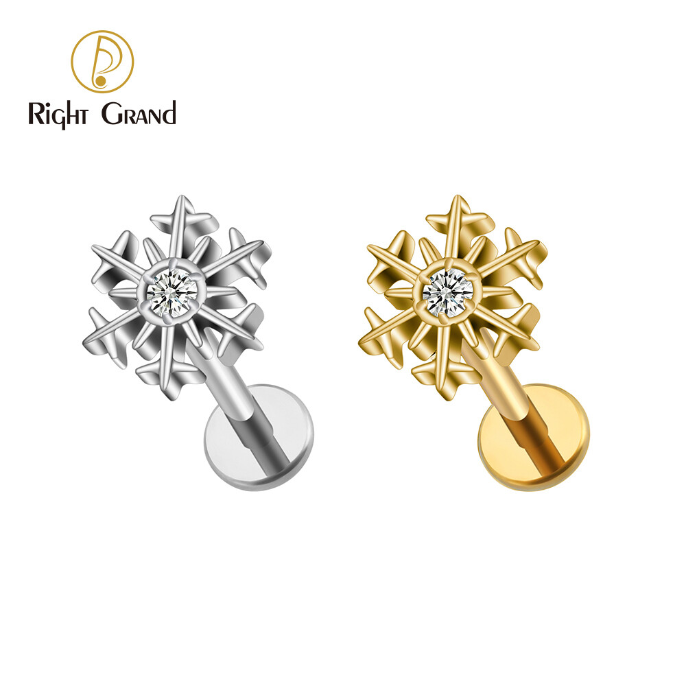 Right Grand ASTM F136 Titanium 16G Internal Thread Snowflake Flower Conch Helix Tragus Cartilage Stud Earring Monroe Labret Lip Piercing
