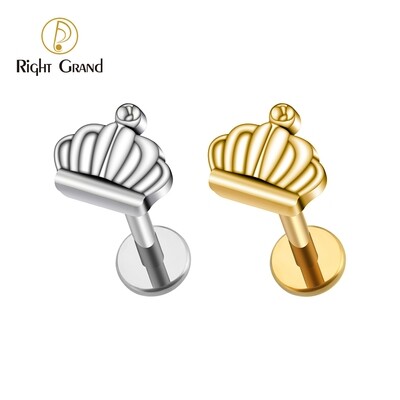 Right Grand ASTM F136 Titanium 16G Mini Crown Labret Cartilage Stud Earring Helix Conch Tragus Flat Back Ear Piercing