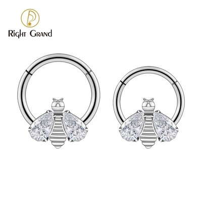 Right Grand ASTM F136 Titanium Bee CZ Septum Clicker Ring Daith Earring 16G Nose Ring Hoop Hinged Segment Clicker