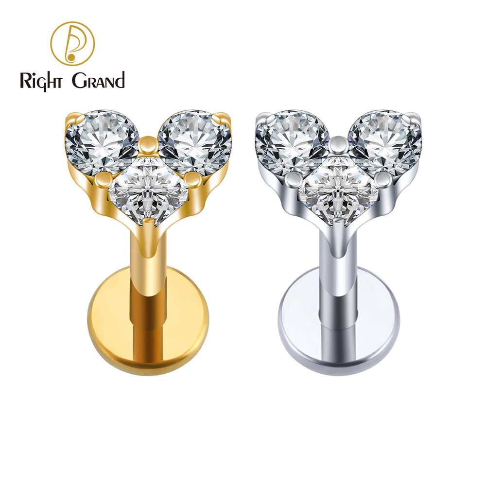 Right Grand ASTM F136 Titanium 16G Internal Thread CZ Heart Cartilage Conch Tragus Helix Stud Earring with Flat Back Medusa Monroe Piercing