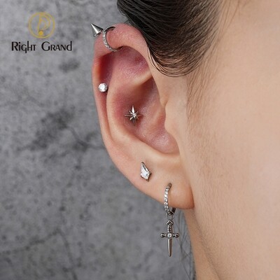 Right Grand ASTM F136 Titanium 16G Internal Thread Sparkling CZ North Star Stud Earring Labret Cartilage Tragus Helix Conch Lobe Piercing