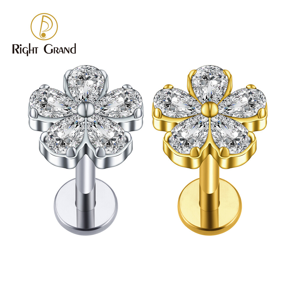 Right Grand ASTM F136 Titanium 16G Internal Thread Flower CZ Labret Medusa Monroe Piercing Helix Cartilage Conch Tragus Lobe Stud Earring