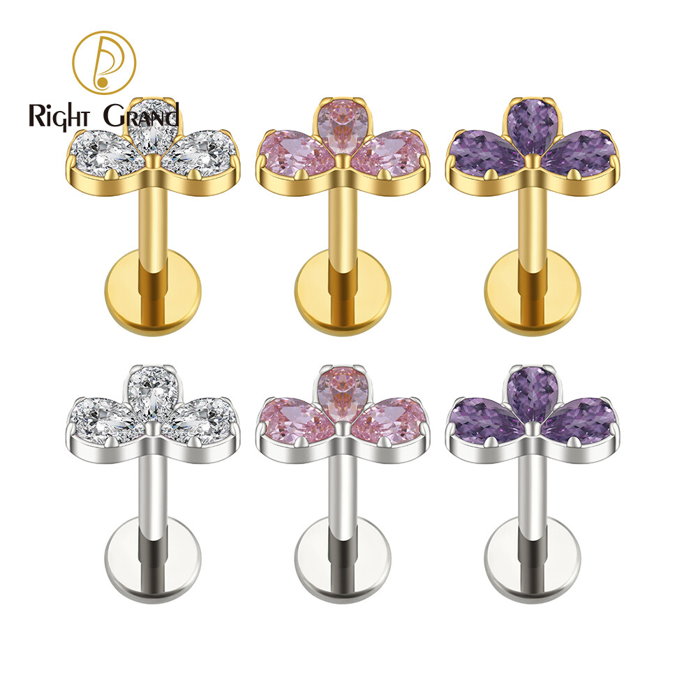 Right Grand ASTM F136 Titanium 16G Internal Thread Triple Flower Stud Earring with Waterdrop CZ Conch Helix Cartilage Tragus Piercing Jewelry