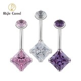 Right Grand ASTM F136 Titanium 14G Belly Button Ring Internally Threaded Navel Barbell Piercing with Square Cubic Zirconia