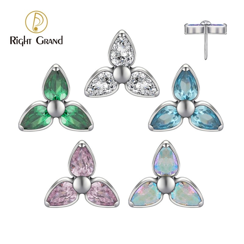 Right Grand ASTM F136 Titanium Threadless Push Pin Triple Flower CZ Top End