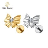 Right Grand ASTM F136 Titanium 16G Internal Thread Bow Tie Labret Lip Stud Earring with CZ Helix Cartilage Conch Tragus Flat Back Piercing