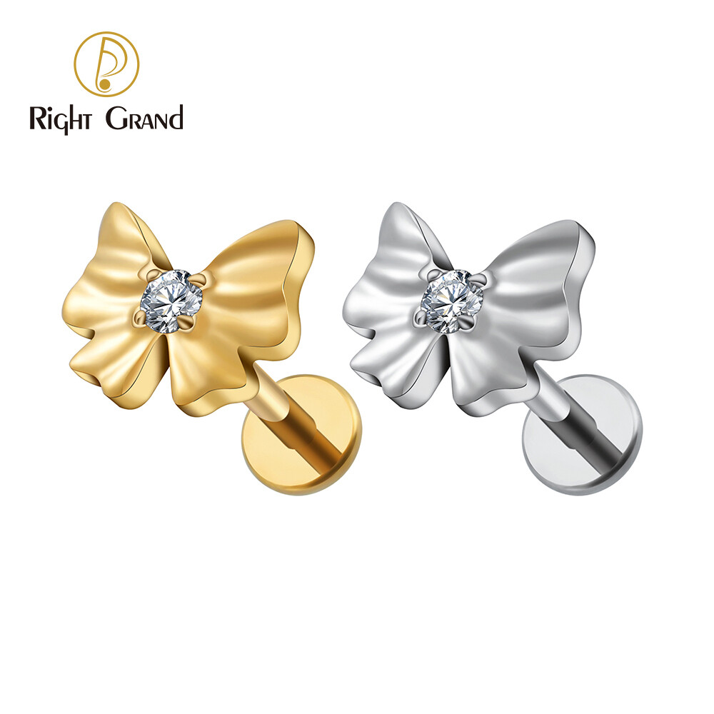 Right Grand ASTM F136 Titanium 16G Internal Thread Bow Tie Labret Lip Stud Earring with CZ Helix Cartilage Conch Tragus Flat Back Piercing