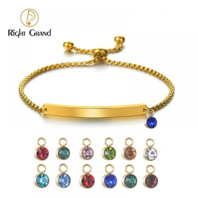 Right Grand Adjustable Baby Birthstone Jewelry Women Gold Plated Laser Name Engraved Blank Bar Custom Kids Bracelet