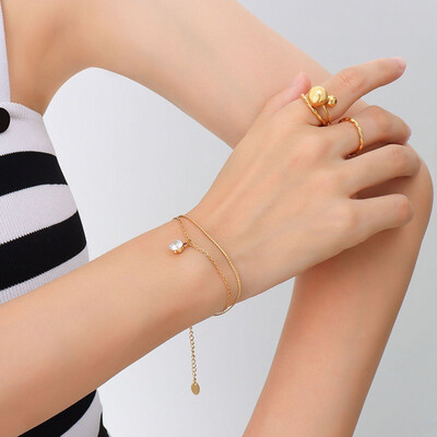 Right Grand Fashion Popular Stainless Steel 18K Gold Plated Double Layer Single Diamond Zircon Bracelet Women