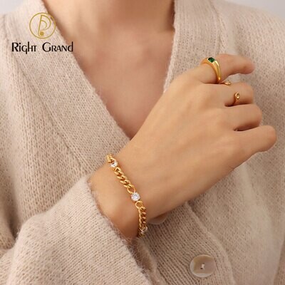 Right Grand Women Hip Hop Fashion Anti Tarnish Jewellery Stainless Steel Gold Plated Zircon Cuban Link Chain Bracelet