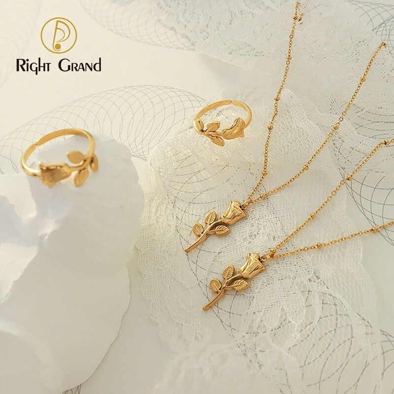 Right Grand Fashion Elegant Bridal Gold Plated Stainless Steel Rose Flower Ring Necklace Sets For Women Jewelry