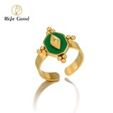 Right Grand Gold Plated Jewelry Quadrilateral Geometry Drip Green Stainless Steel Vintage Adjustable Rings For Women