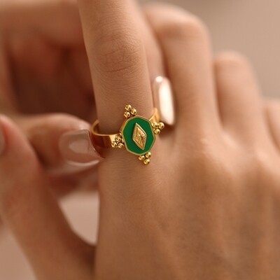 Right Grand Gold Plated Jewelry Quadrilateral Geometry Drip Green Stainless Steel Vintage Adjustable Rings For Women