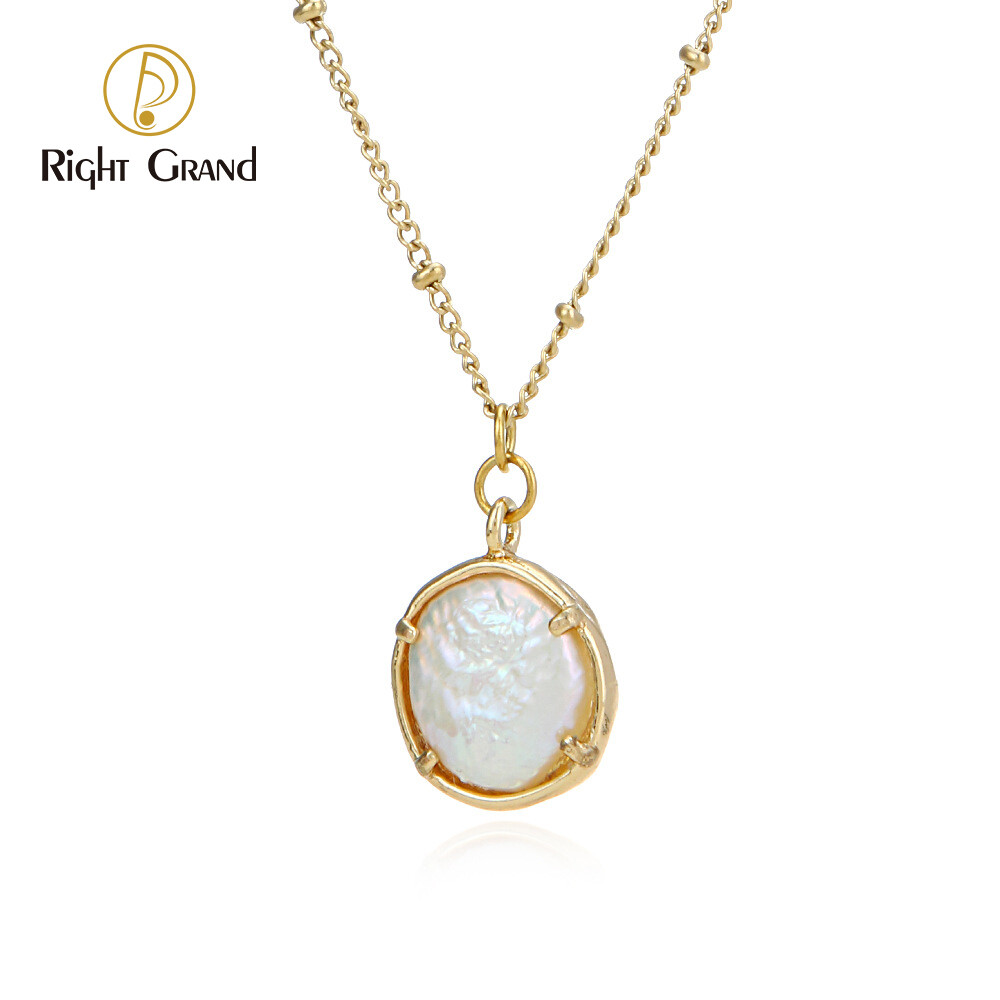 Right Grand Simple Fashion Delicate Women Gold Stainless Steel Jewelry Freshwater Pearl Pendant Boho Necklace