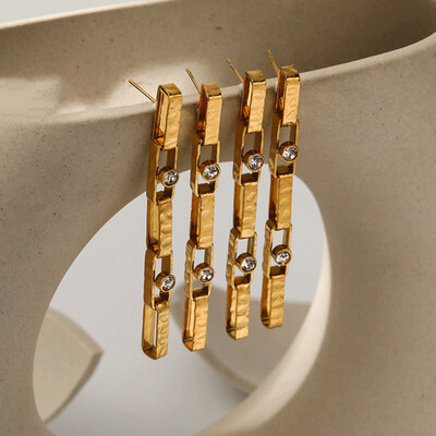 Right Grand Vintage Fashionable Exaggerated Statement Diamond Stainless Steel Gold Plated Chain Buckle Long Drop Earrings