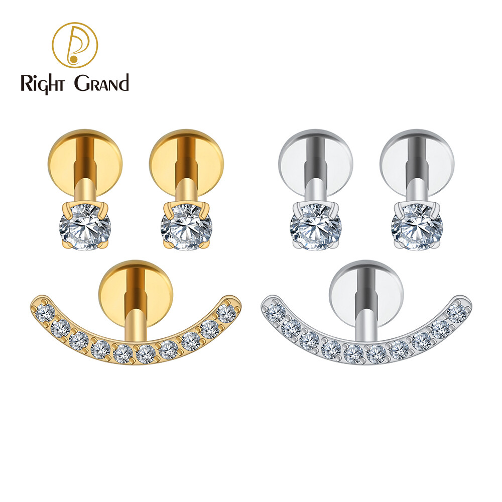 Right Grand 3pcs/Set Right Grand ASTM F136 Titanium 16G Internal Thread Happy Smile Stud Earrings with Cubic Zirconia Internally Threaded Flat Back Piercing