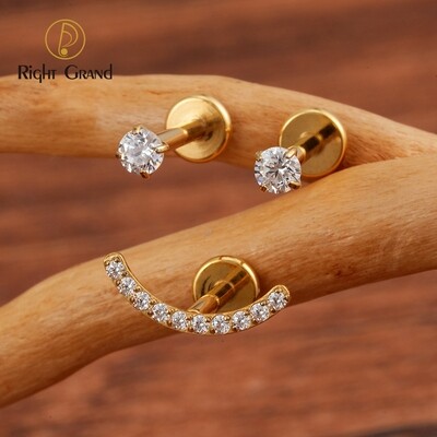 Right Grand 3pcs/Set Right Grand ASTM F136 Titanium 16G Internal Thread Happy Smile Stud Earrings with Cubic Zirconia Internally Threaded Flat Back Piercing